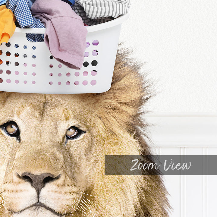 A lion's head with a laundry basket on top of it, with the text "Zoom View" below the image.