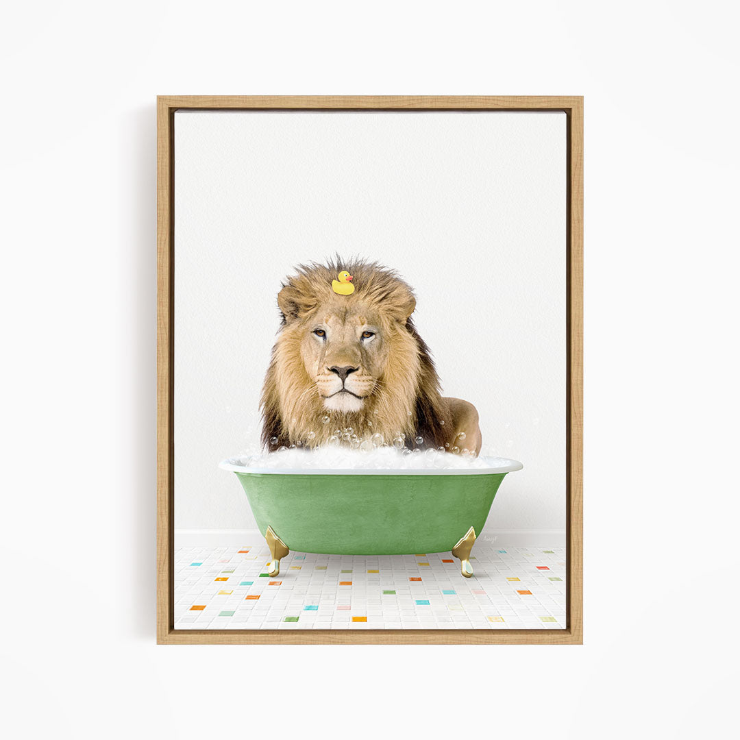 A lion is sitting in a green bathtub filled with water, with a rubber duck floating on its head.