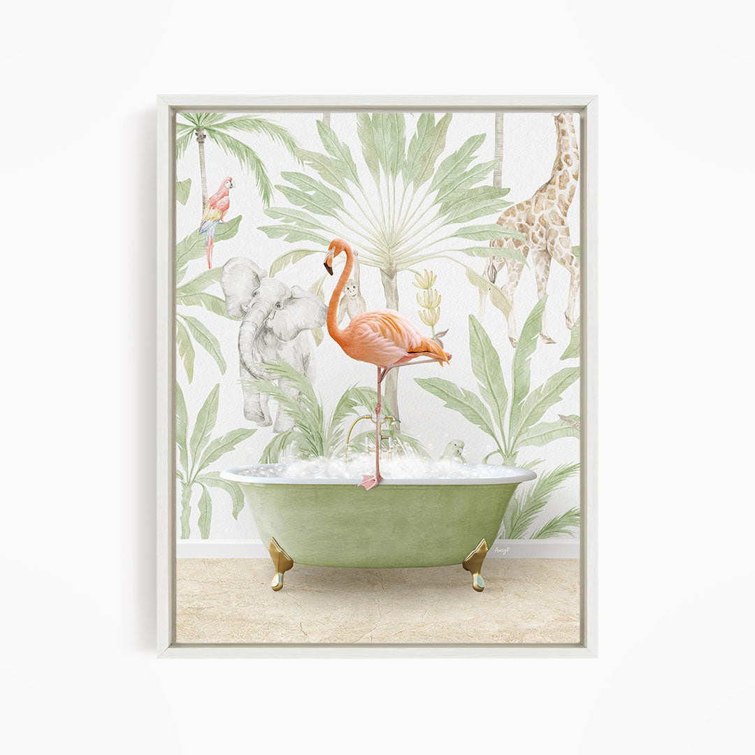 A vibrant illustration of a flamingo standing in a green bathtub, surrounded by tropical foliage and other animals, such as a giraffe and a parrot.
