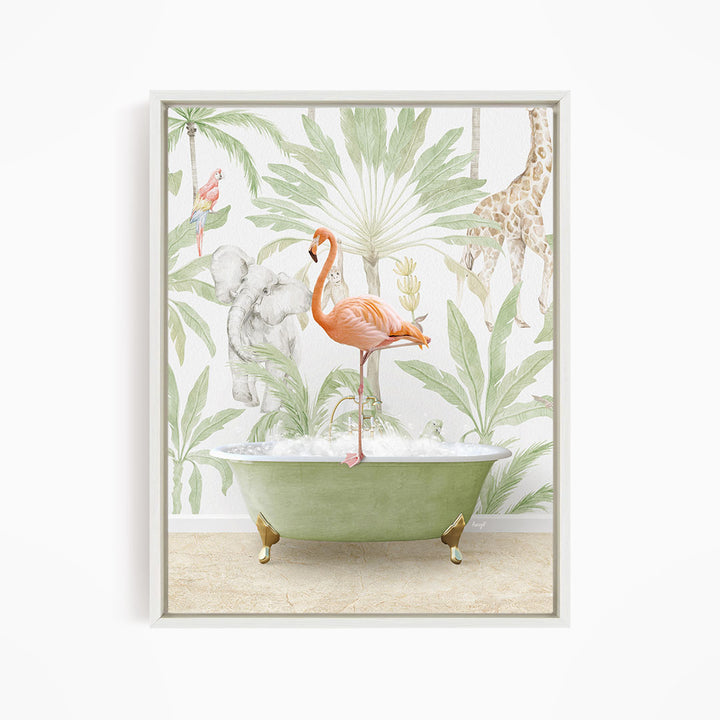 A vibrant illustration of a flamingo standing in a green bathtub, surrounded by tropical foliage and other animals, such as a giraffe and a parrot.