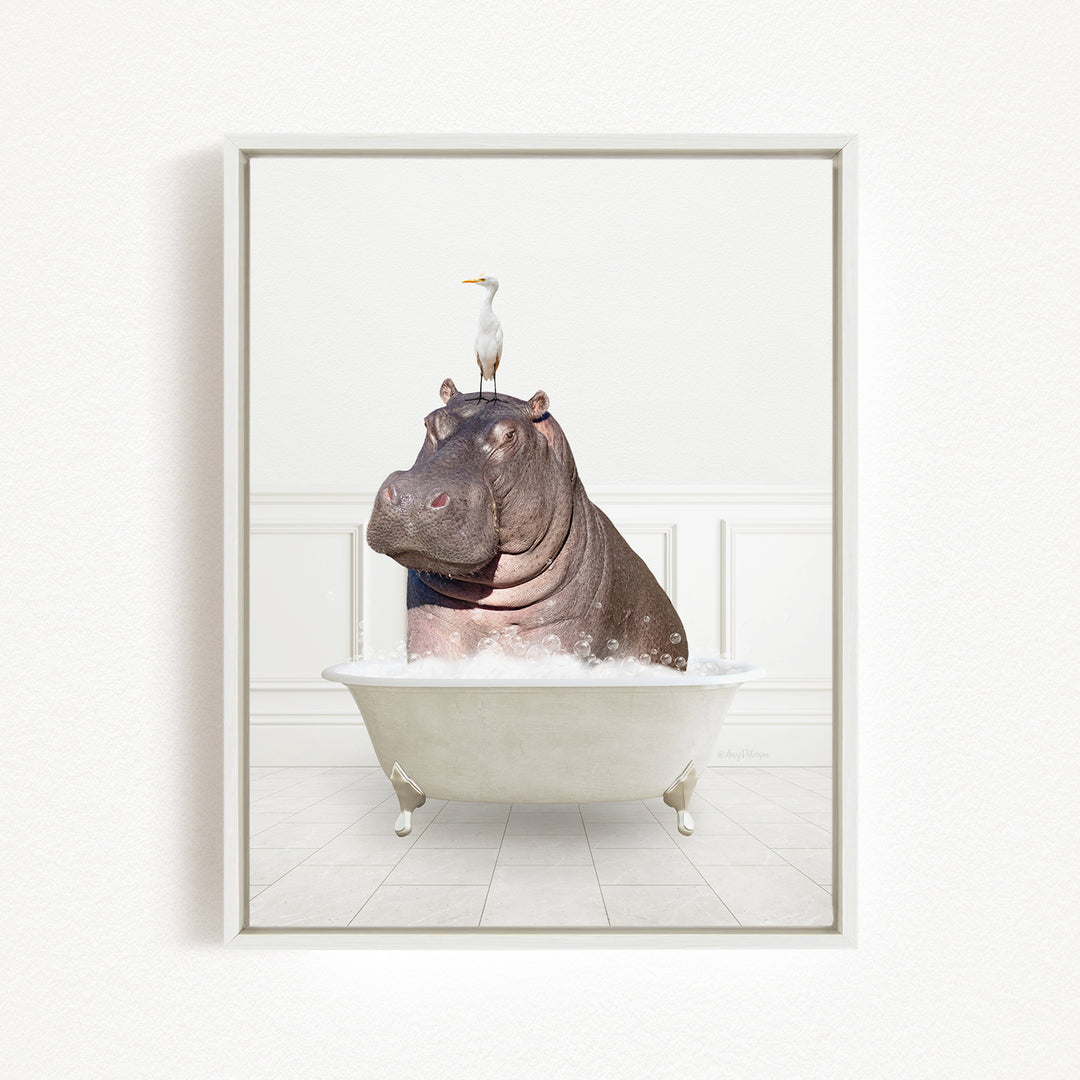 A large hippopotamus sitting in a bathtub, with a white bird perched on its head.
