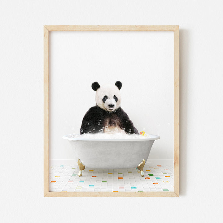 a panda bear sitting in a bath tub