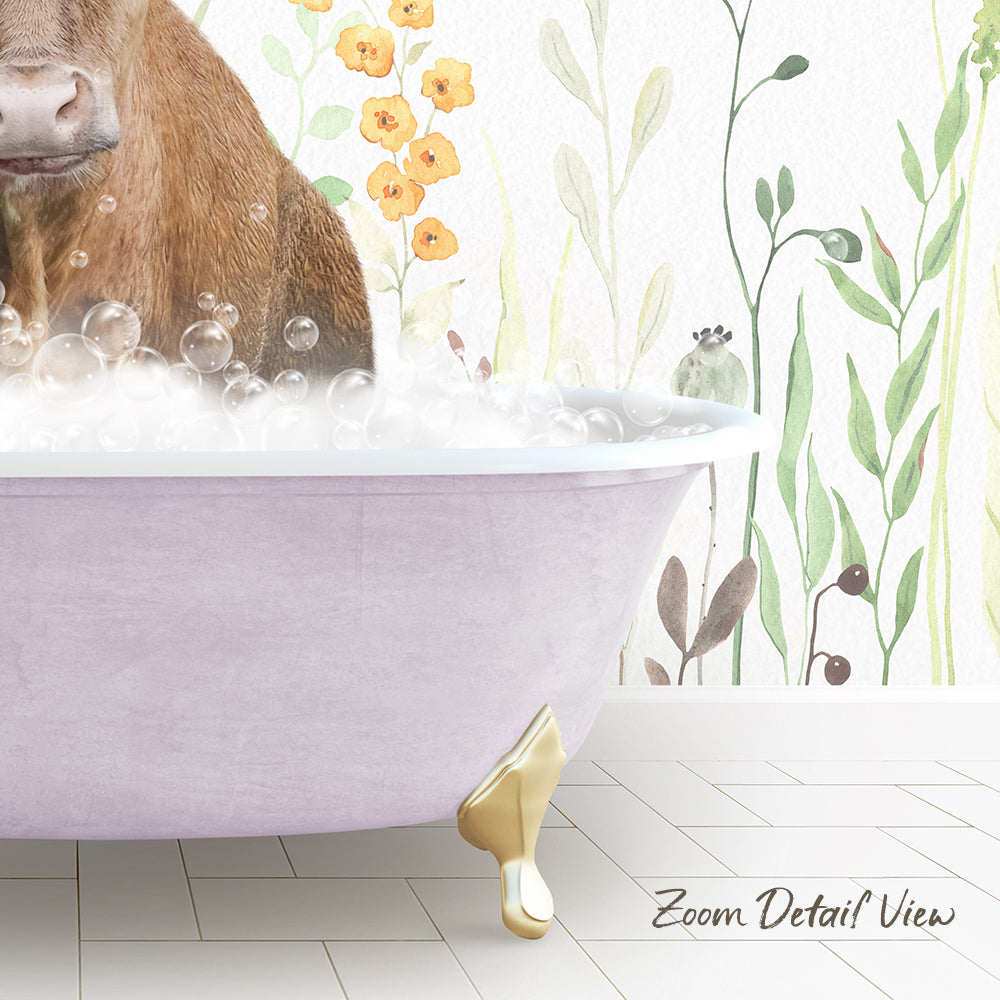 A brown cow is sitting in a pink bathtub filled with bubbles, surrounded by a floral wallpaper.