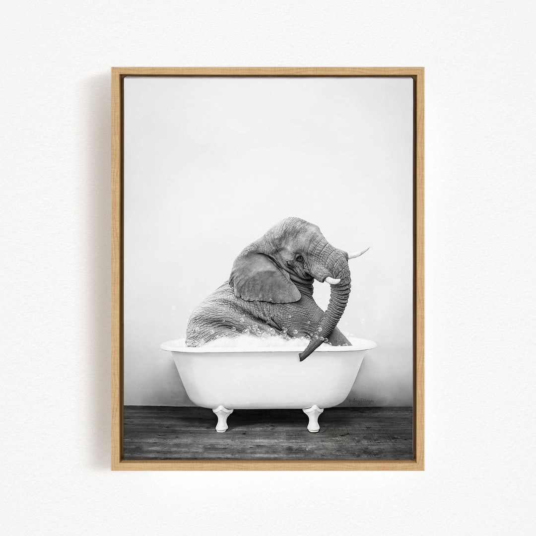 A black and white photograph of an elephant sitting in a bathtub filled with water.