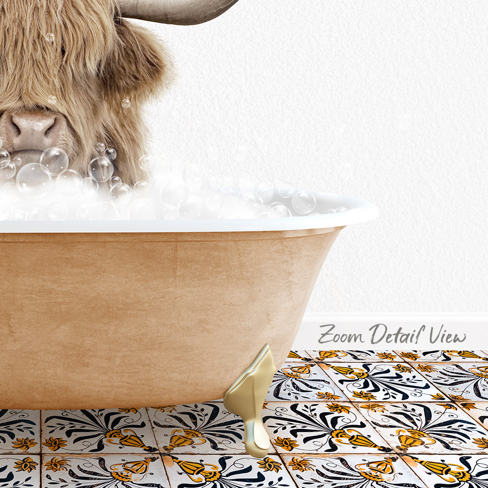 A close-up of a brown cow's head partially submerged in a bathtub filled with bubbles, with a patterned tile floor visible below.