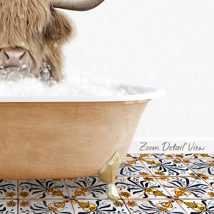 A close-up of a brown cow's head partially submerged in a bathtub filled with bubbles, with a patterned tile floor visible below.