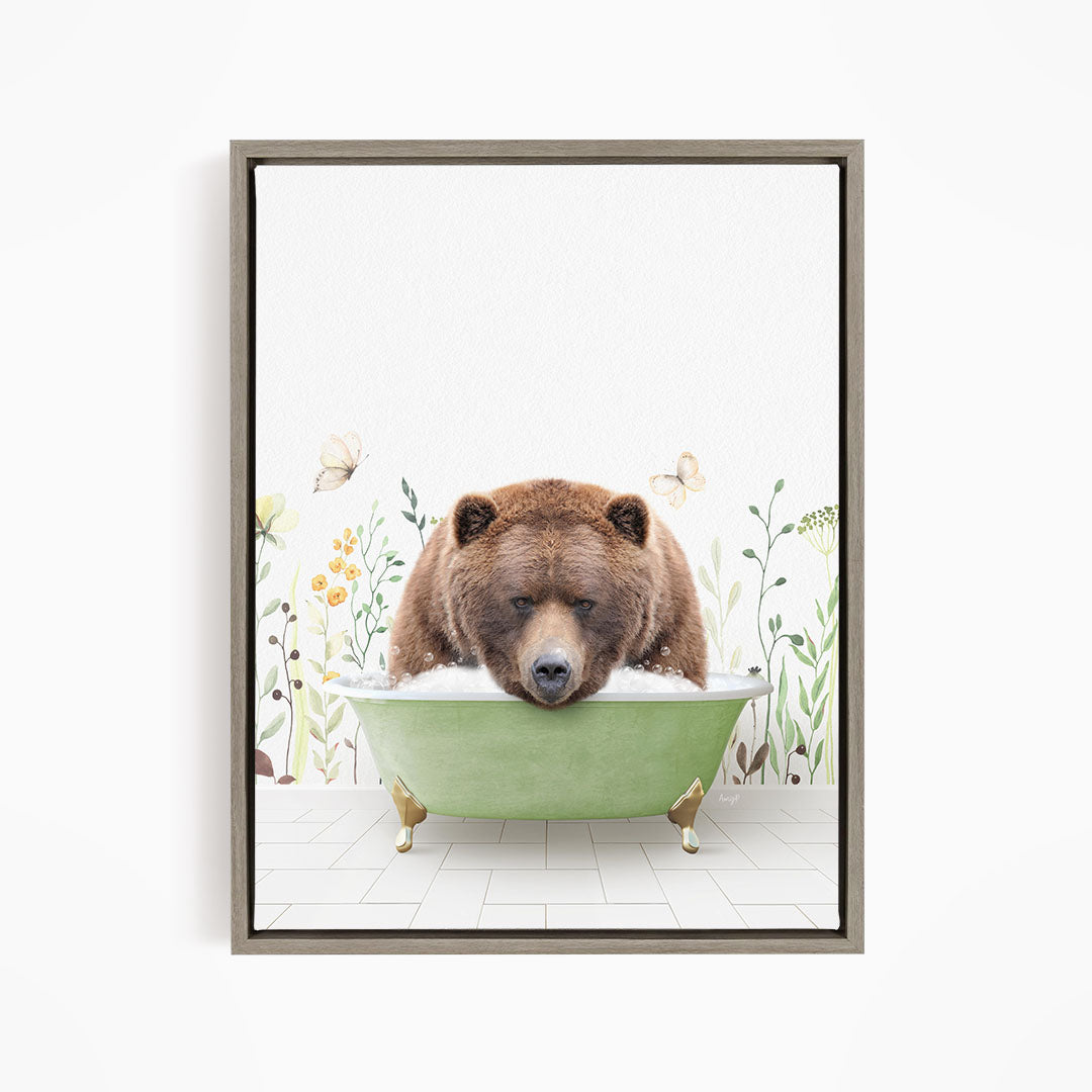A brown bear is sitting in a green bathtub, surrounded by flowers and butterflies, creating a whimsical and playful scene.