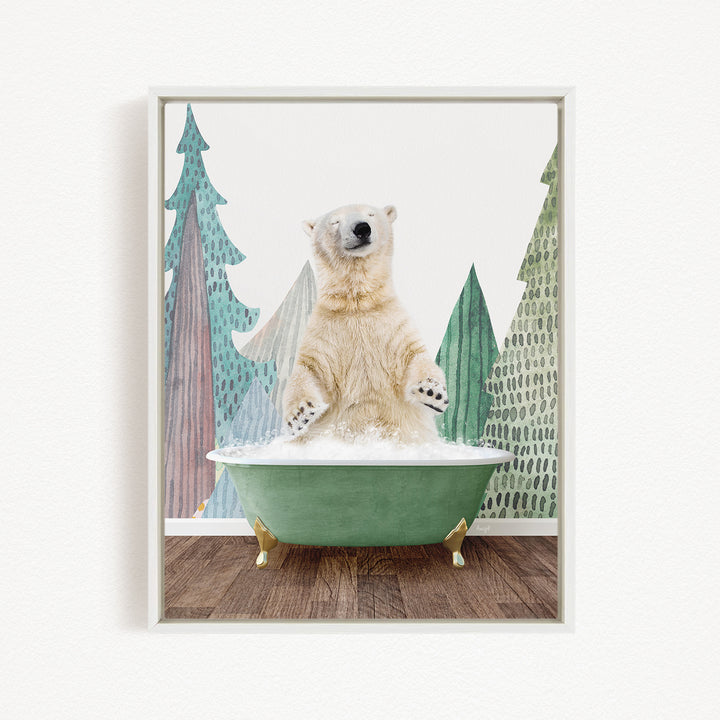 A polar bear is sitting in a green bathtub, surrounded by trees and a snowy landscape.