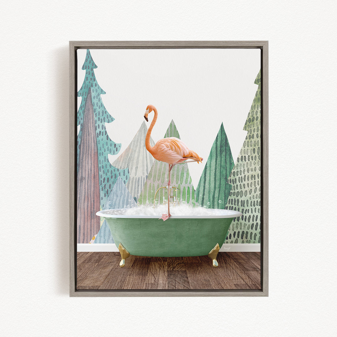 A pink flamingo stands on a green bathtub, surrounded by a forest-themed background with trees and a snowy landscape.