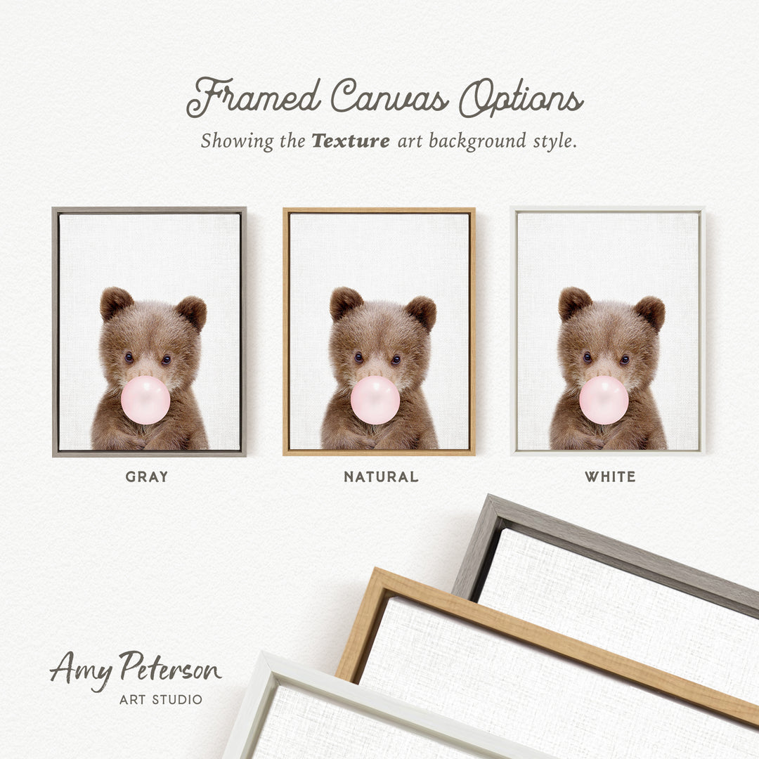 three framed pictures of a brown teddy bear blowing a bubble with different colored gum, arranged in a grid format.