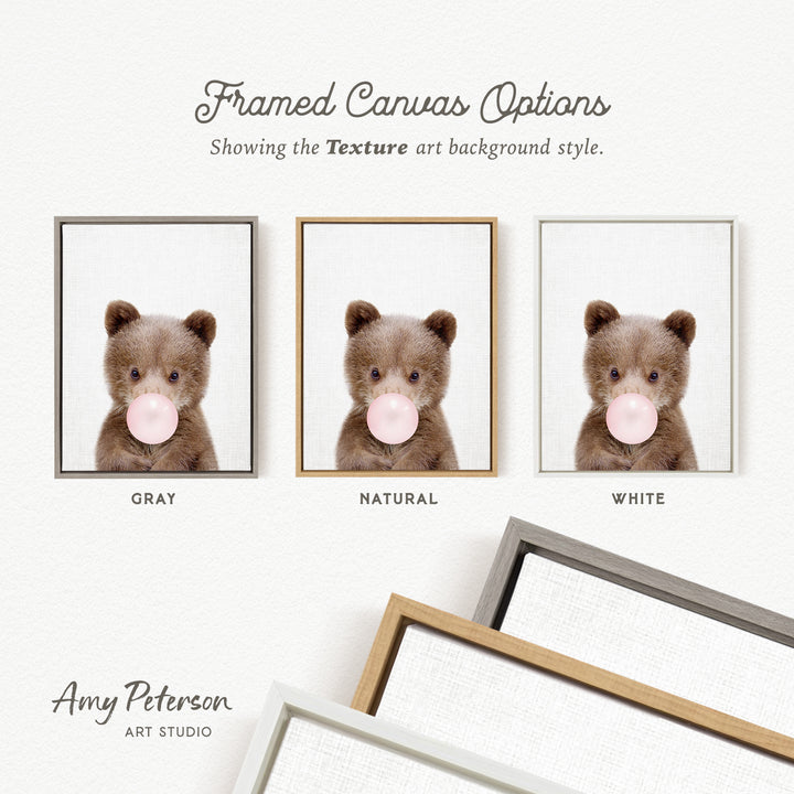 three framed pictures of a brown teddy bear blowing a bubble with different colored gum, arranged in a grid format.