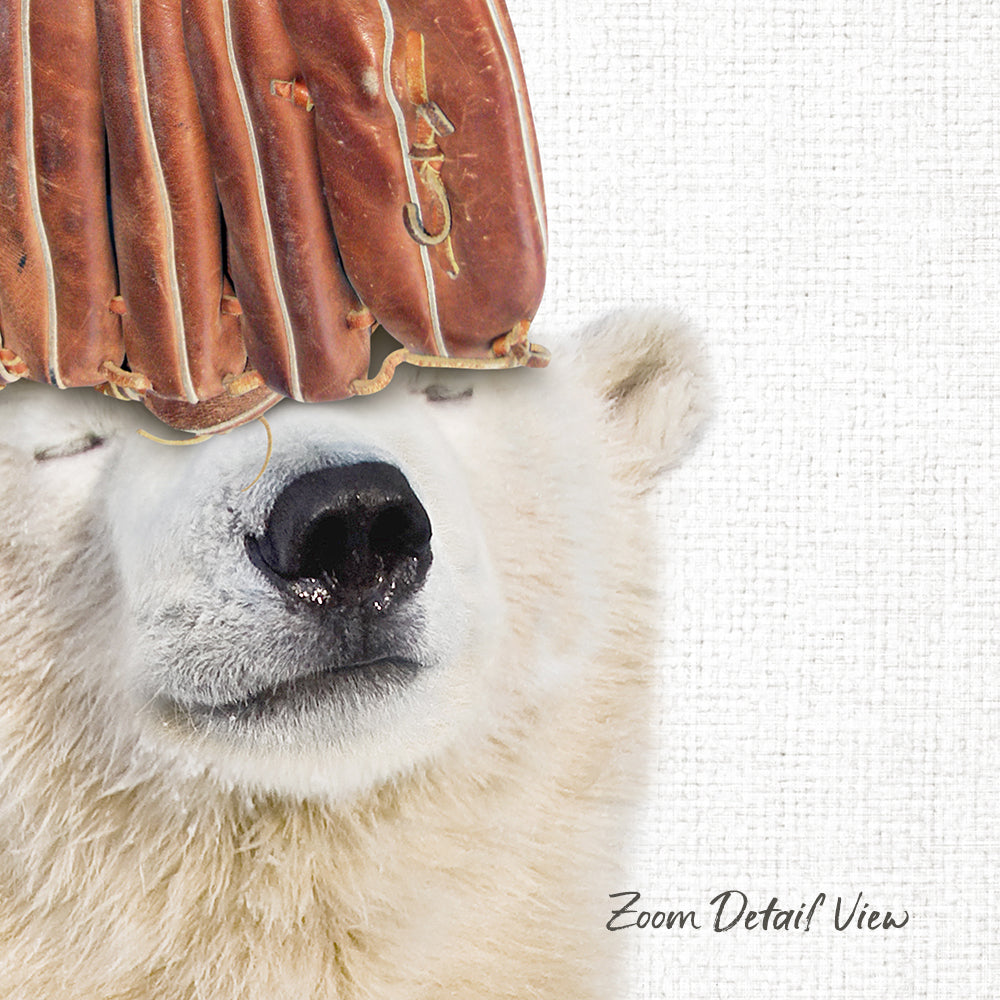A polar bear wearing a baseball glove on its head, with the text "Zoom Detail View" at the bottom of the image.