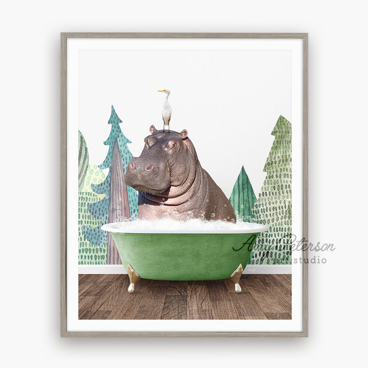 a hippo in a bathtub with a bird on top of it