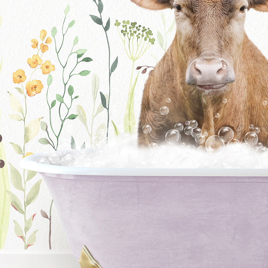 a cow is sitting in a bathtub with bubbles