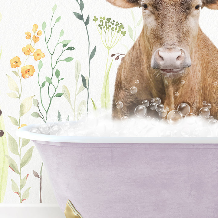 a cow is sitting in a bathtub with bubbles