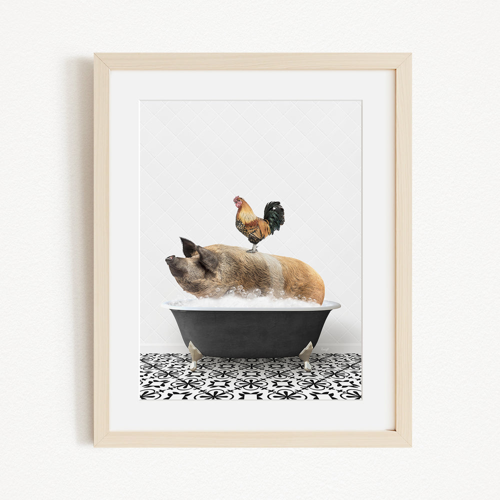 A rooster sits atop a pig in a black bathtub, with a black and white patterned floor beneath them.
