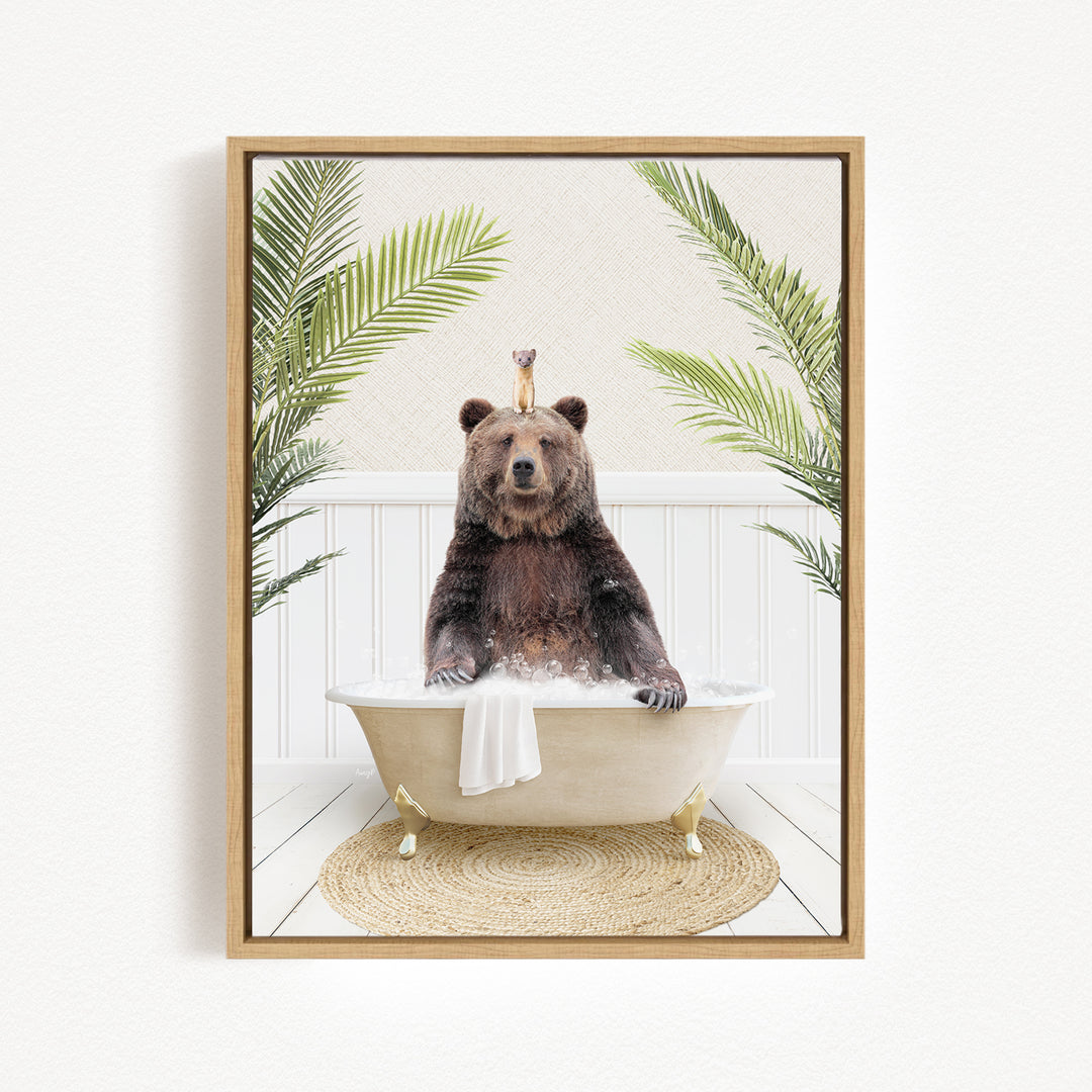 A brown bear sitting in a white bathtub, surrounded by green palm leaves, creating a whimsical and playful scene.
