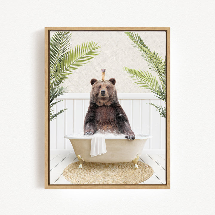 A brown bear sitting in a white bathtub, surrounded by green palm leaves, creating a whimsical and playful scene.