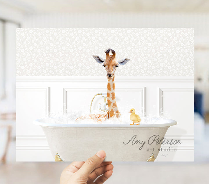 a giraffe in a bathtub with a little duck in it