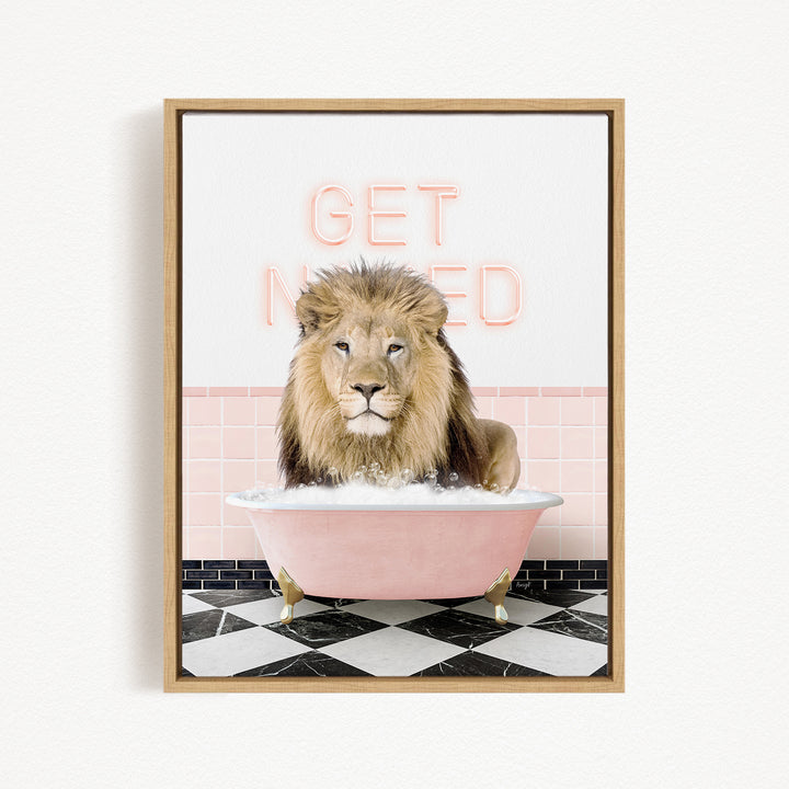 A lion sitting in a pink bathtub with the text "GET NICKED" displayed above it.