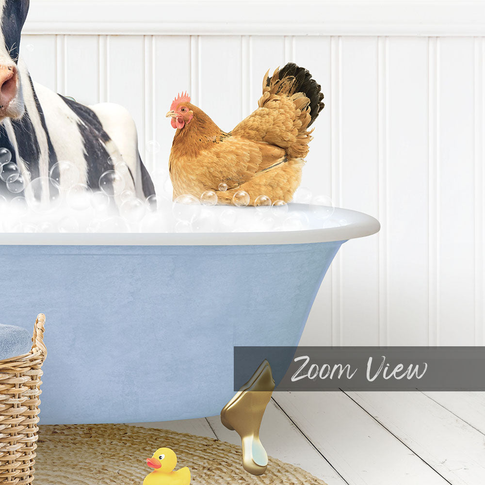 A chicken is sitting in a bathtub filled with bubbles, while a yellow rubber duck is nearby.