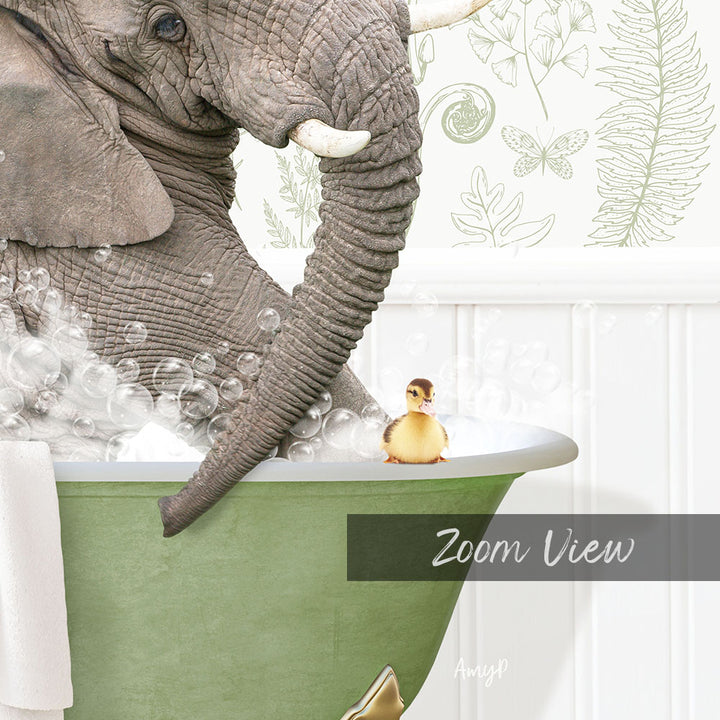 A large elephant is taking a bath in a green tub, with a small yellow duck sitting on the edge of the tub.