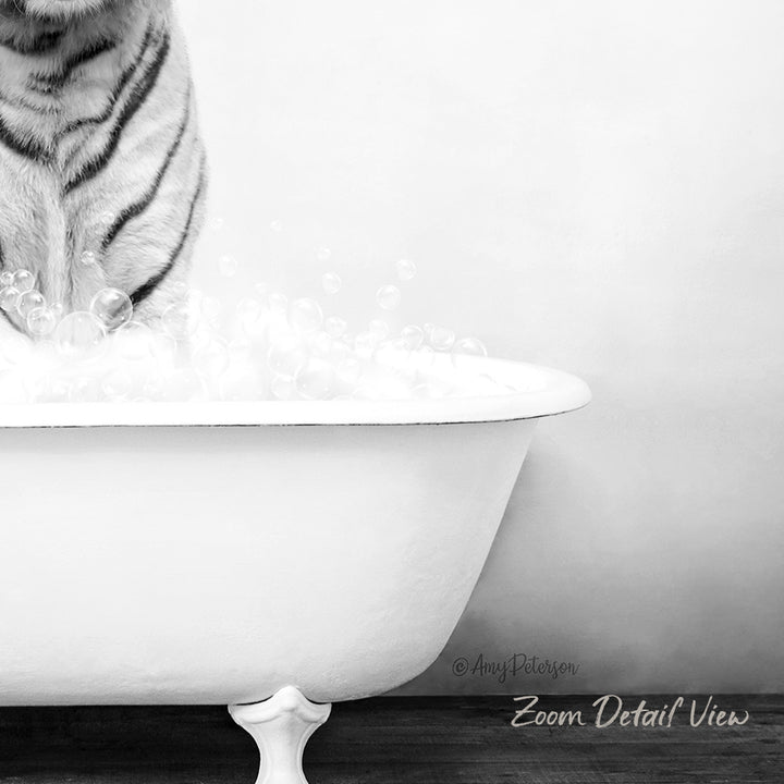 A black and white image of a cat standing in a bathtub filled with bubbles, with the cat's front paws in the water.