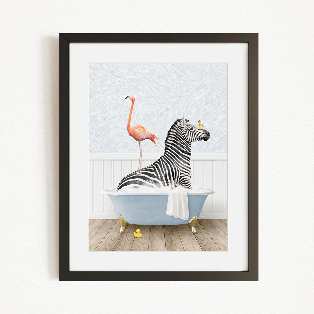 A framed illustration depicting a zebra sitting in a bathtub, with a flamingo standing on its back and a bird perched on its head.