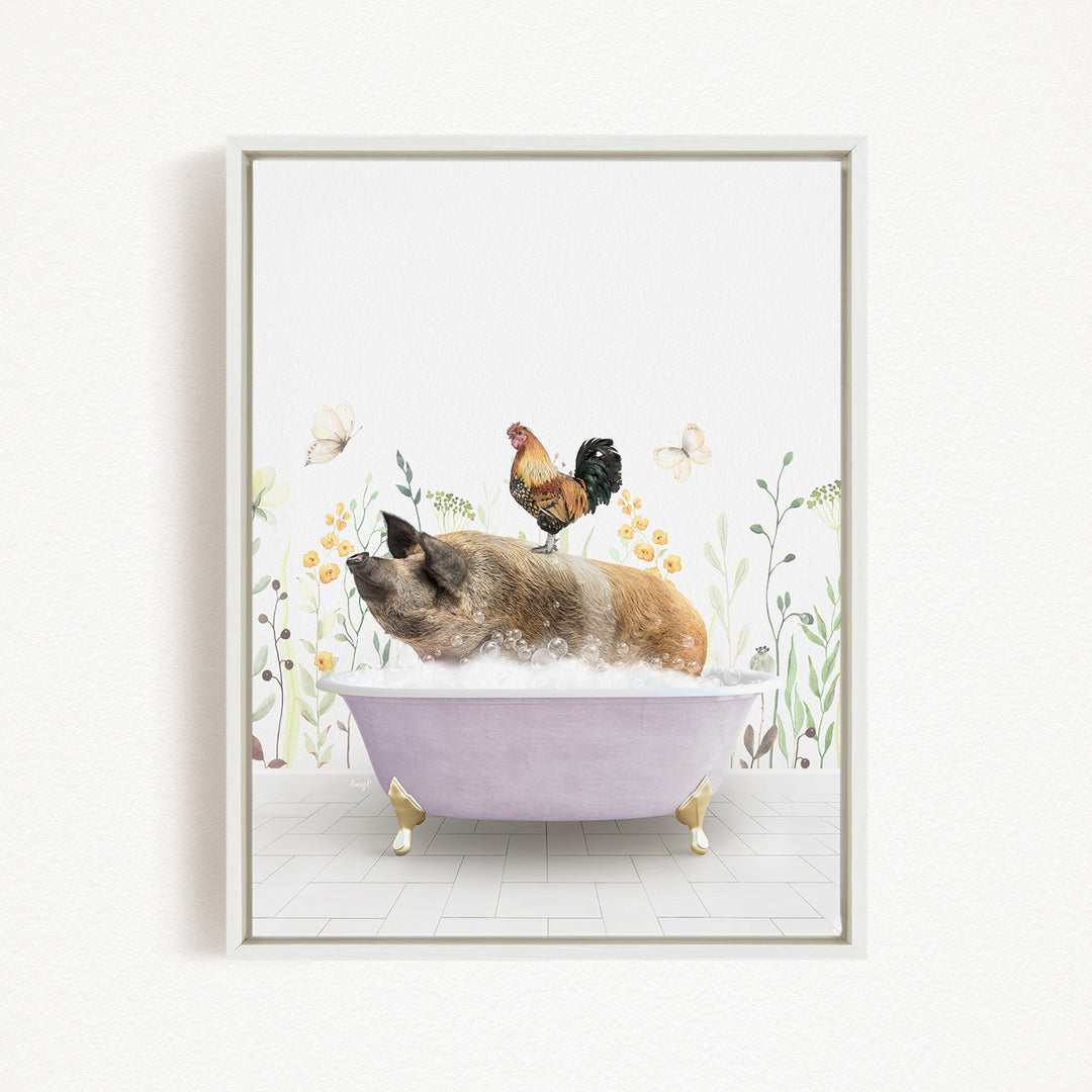 A pig is sitting in a bathtub filled with water, surrounded by flowers and butterflies.