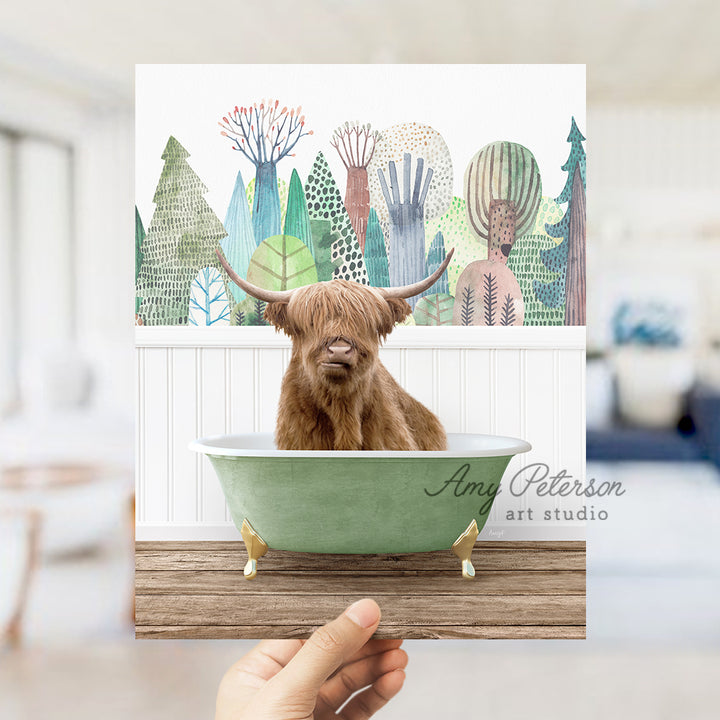 a hand holding up a card with a picture of a dog in a bathtub