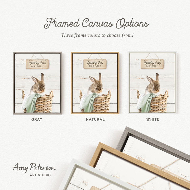 three framed canvas options featuring a rabbit in a basket, with each frame having a different color: gray, natural, and white.