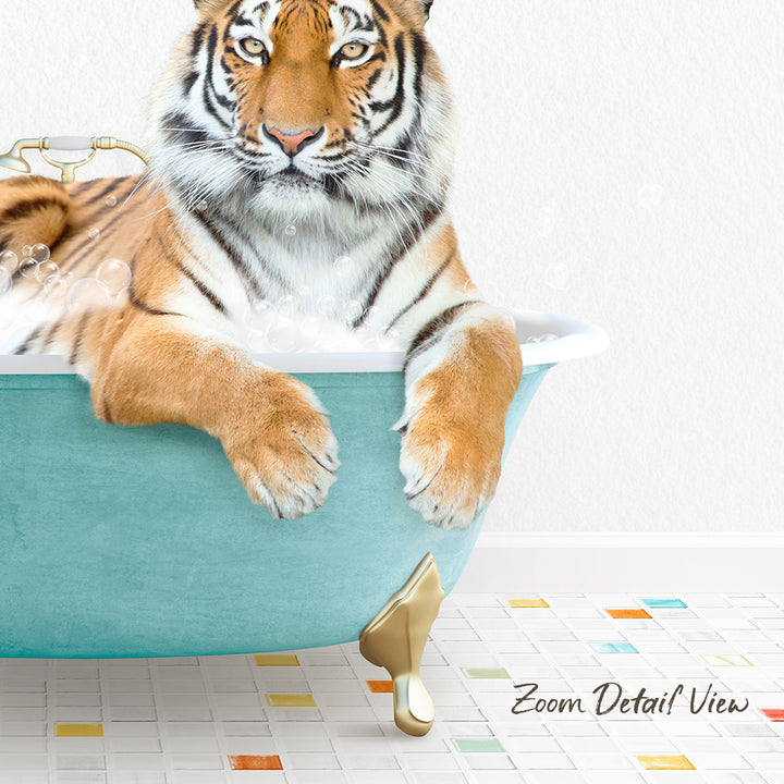 A tiger is sitting in a blue bathtub, surrounded by colorful tiles on the floor.