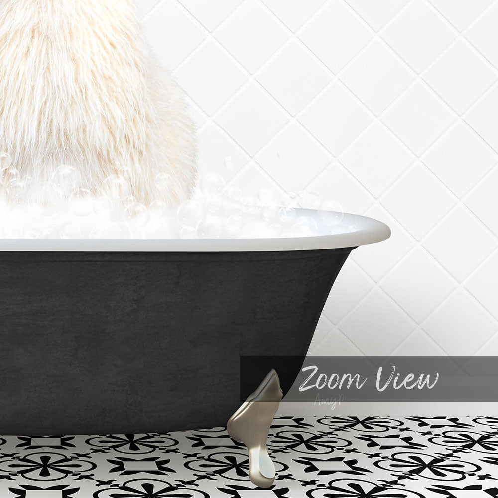 A fluffy white cat is sitting in a black bathtub filled with bubbles, with a text overlay that reads "Zoom View" in the bottom right corner.