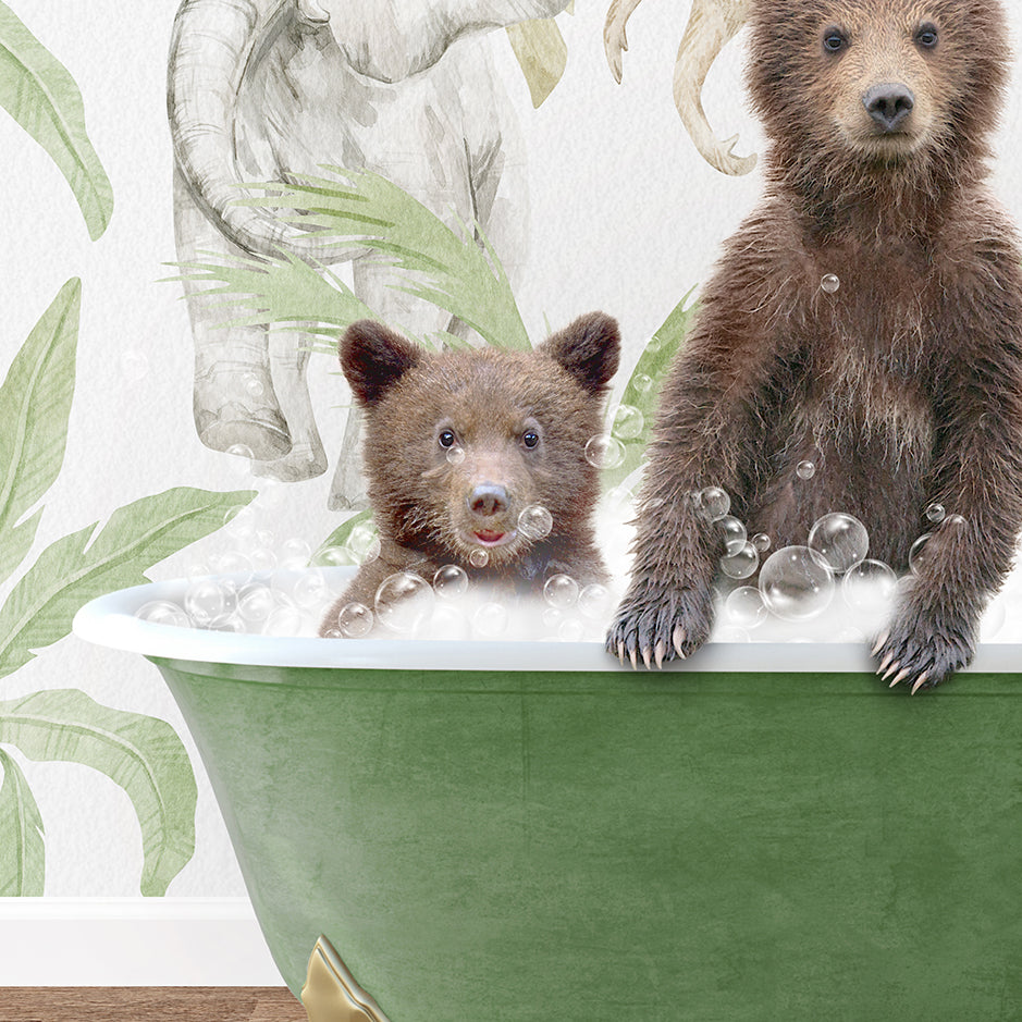 two brown bears are sitting in a bathtub