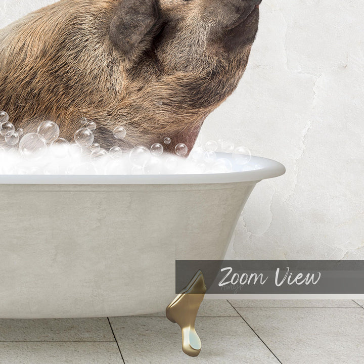 A pig is sitting in a bathtub filled with bubbles, enjoying a relaxing bath.