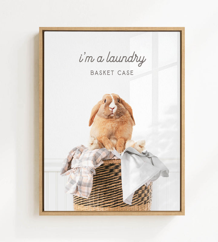 A picture of a rabbit sitting in a basket filled with clothes, with the text "I'm a laundry basket case" above the image.