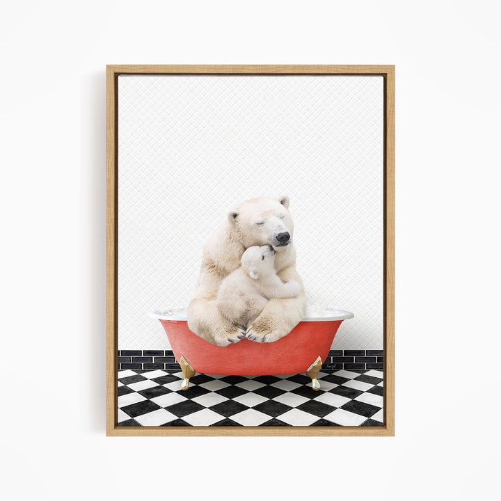 A polar bear and its cub sitting in a red bathtub on a black and white checkered floor.