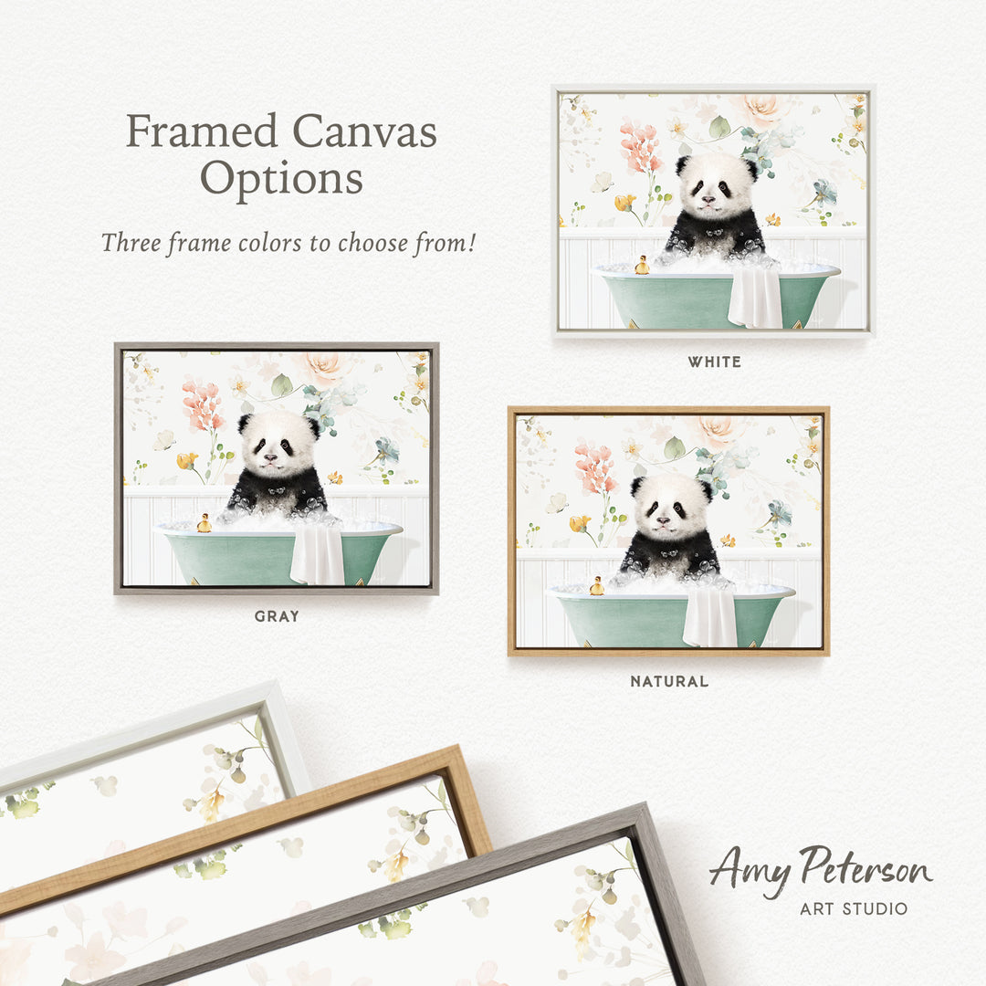 three framed canvas options featuring a panda bear sitting in a bathtub, with different frame colors available to choose from.