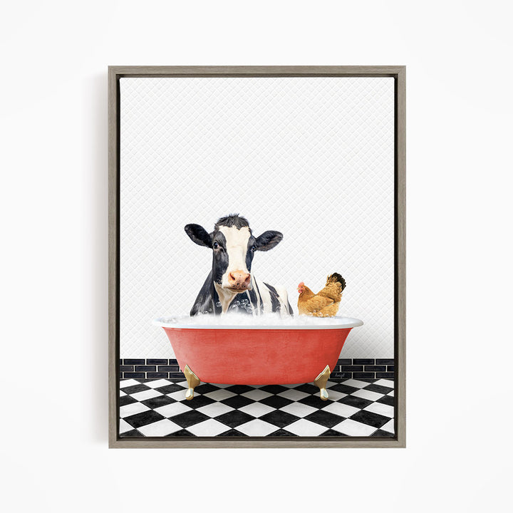 A black and white cow is sitting in a red bathtub, with a chicken standing nearby, in a black and white checkered floor.