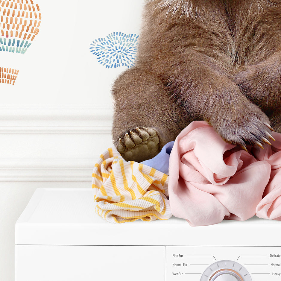 a brown bear sitting on top of a dryer