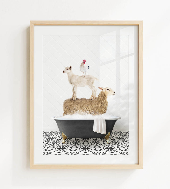 A framed image depicting a sheep standing on a black bathtub, with a chicken perched on top of it, and a lamb sitting on the tub's edge.