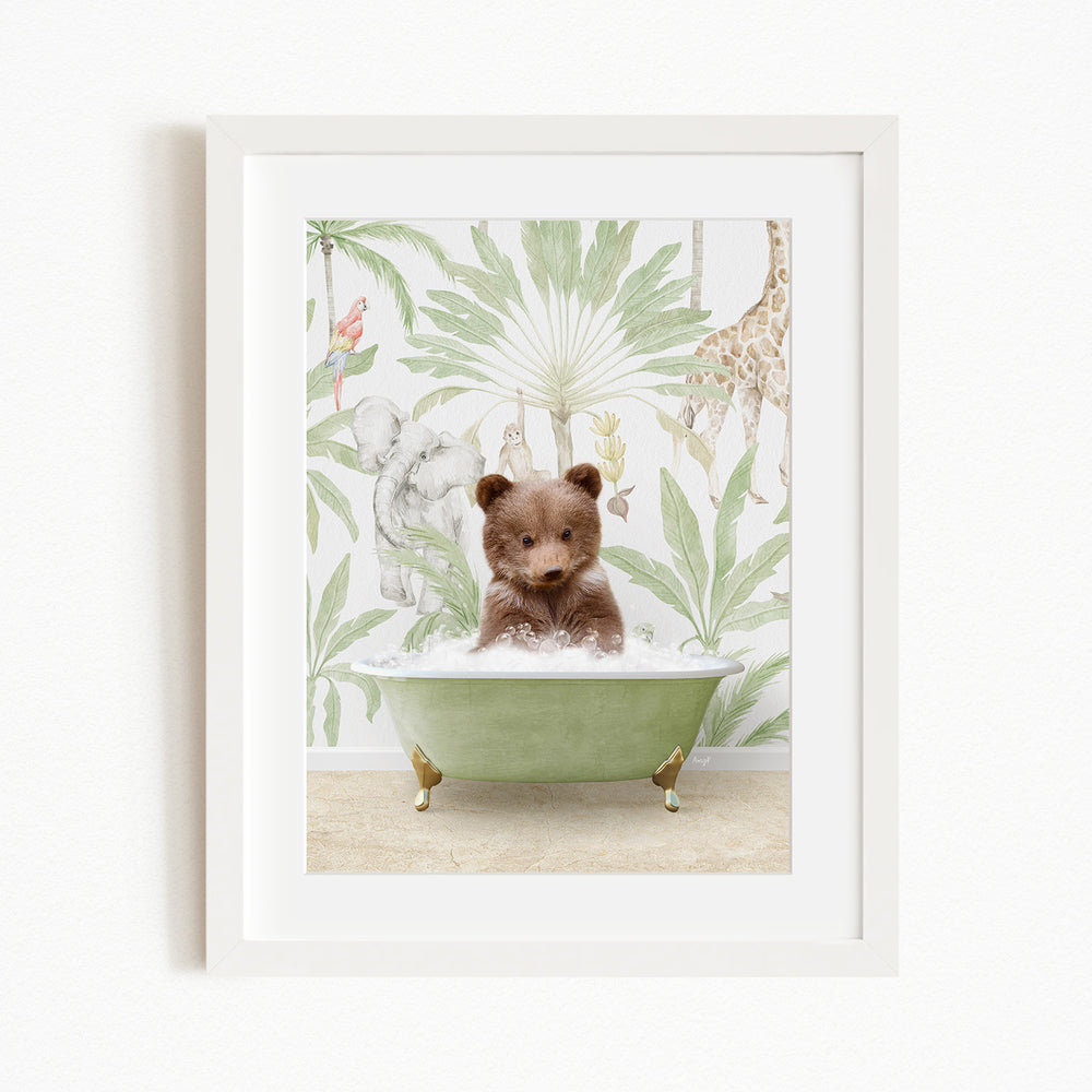 A brown bear sitting in a green bathtub, surrounded by a tropical jungle wallpaper.