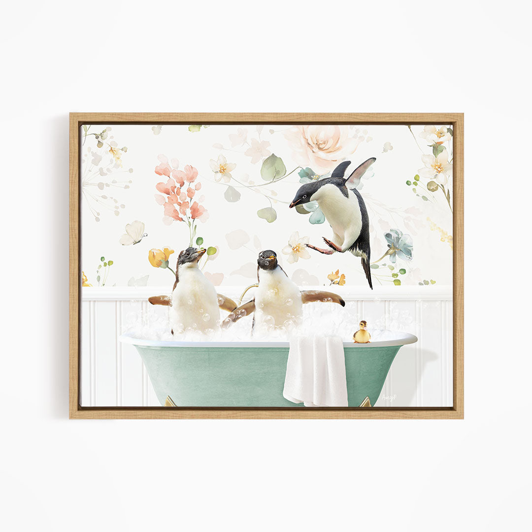 A framed print depicting three penguins sitting in a bathtub, surrounded by flowers and greenery.
