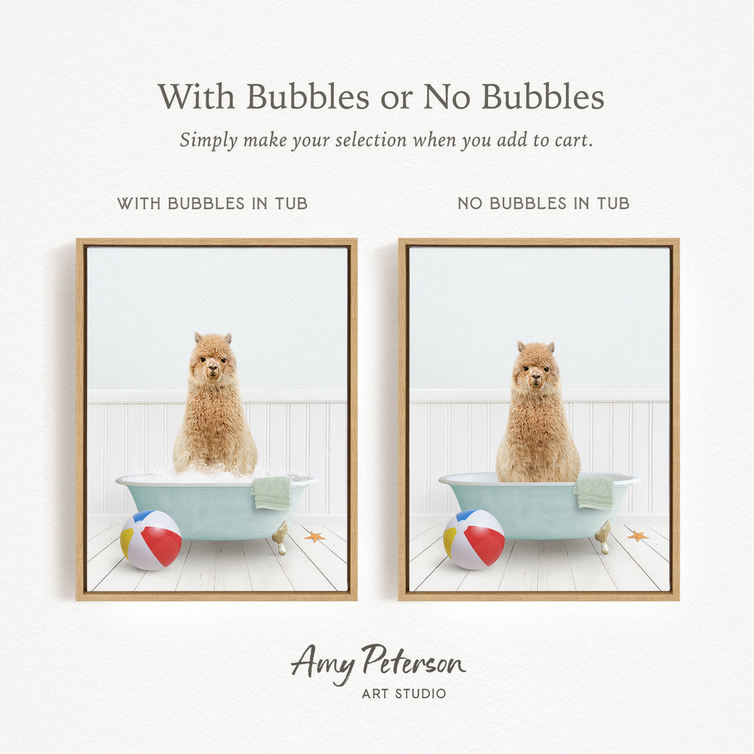 The image is a collage of two pictures, each featuring a dog sitting in a bathtub with or without bubbles. The dog in the bathtub with bubbles appears to be enjoying the bath, while the dog in the bathtub without bubbles seems to be waiting for its turn. The collage is titled "With Bubbles or No Bubbles" and is created by Amy Peterson from Art Studio.