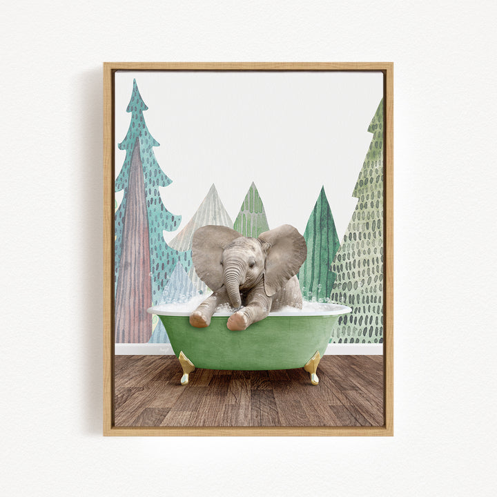 A baby elephant sitting in a green bathtub, surrounded by a forest scene with trees and a blue sky.