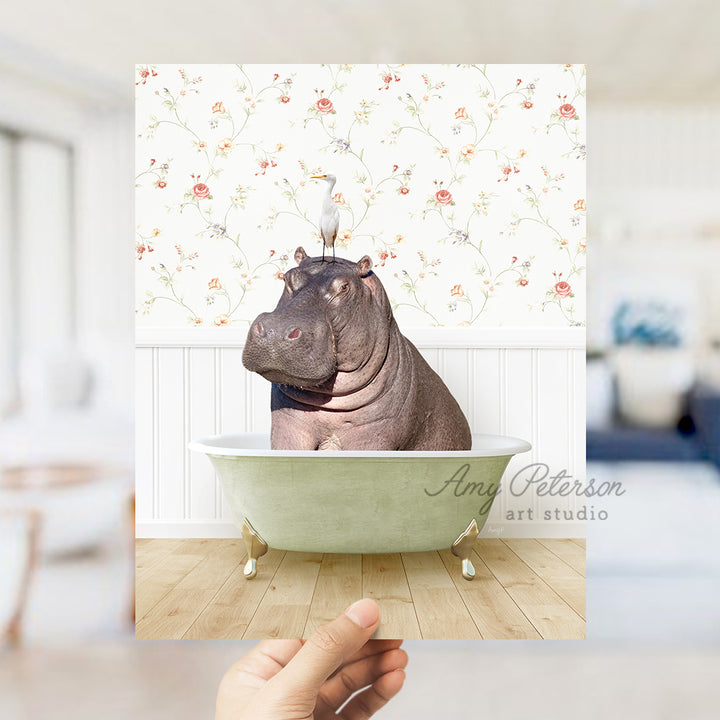 a hippopotamus sitting in a bathtub in a living room