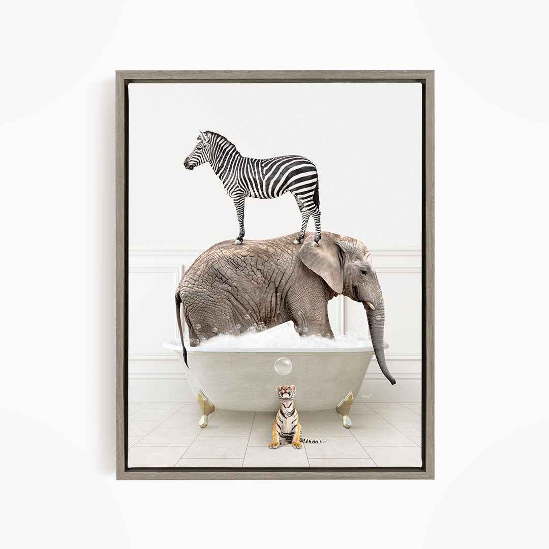 A zebra standing on the back of an elephant, both in a bathtub, with a small tiger figurine in front of them.