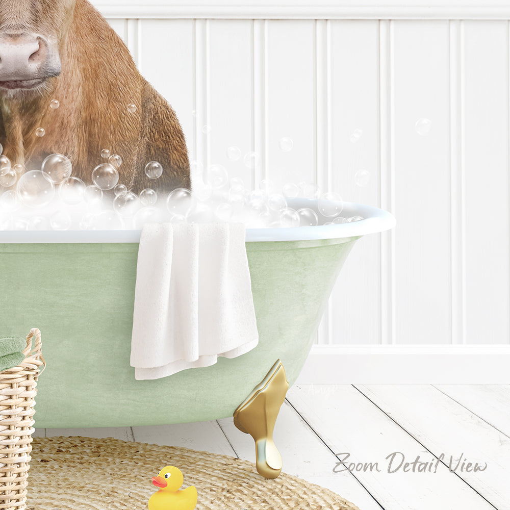 A brown cow is standing in a green bathtub filled with bubbles, surrounded by a yellow rubber duck and a white towel.