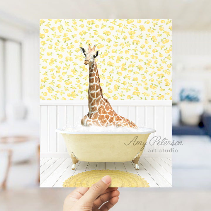 a giraffe sitting in a bathtub with a yellow wallpaper