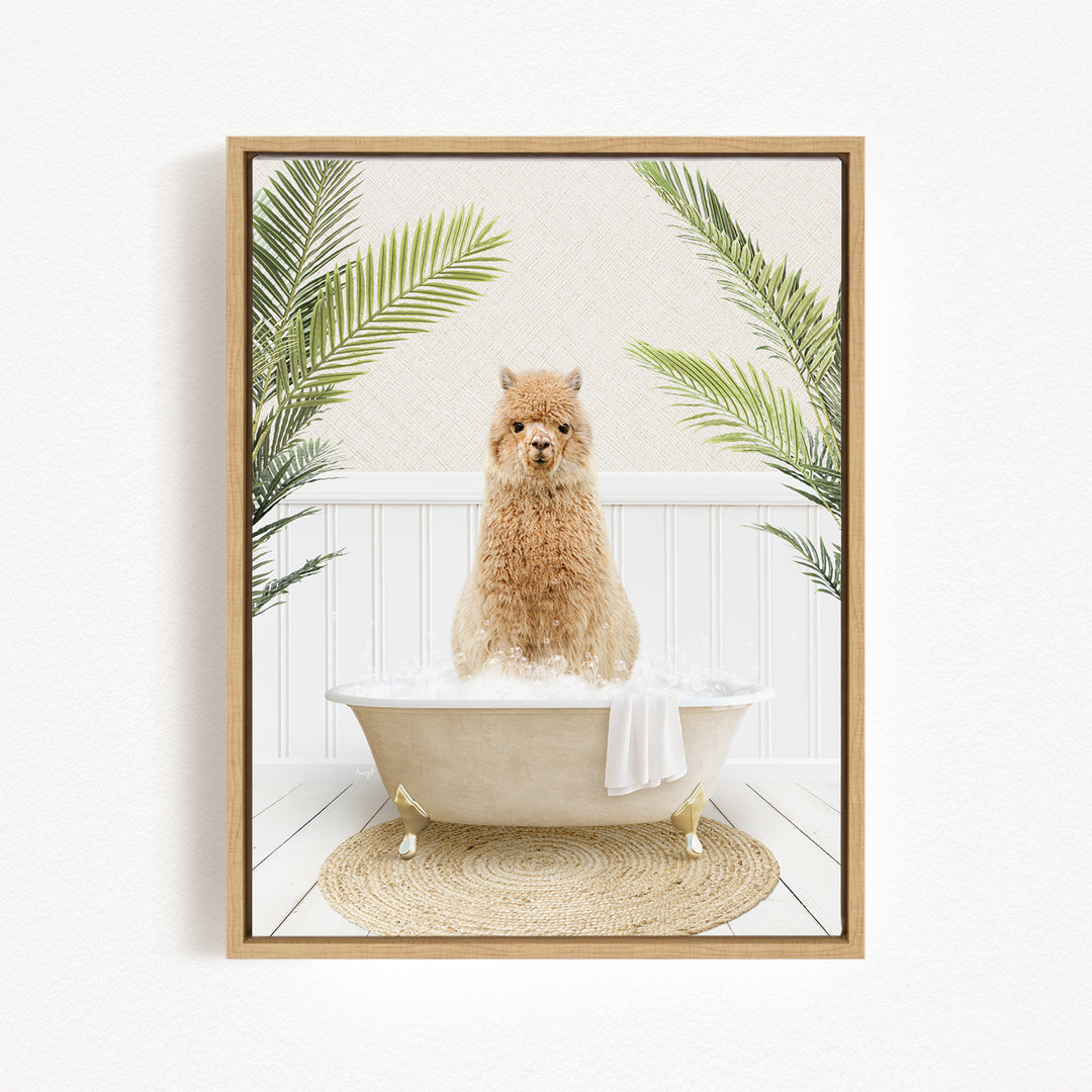A fluffy alpaca sitting in a white bathtub filled with bubbles, surrounded by green palm leaves.